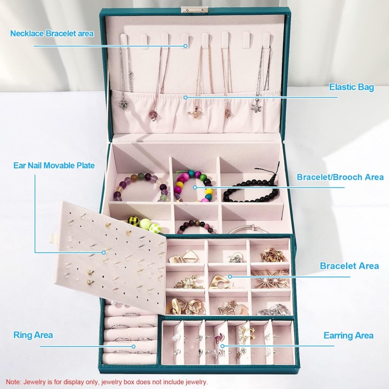 Coptiner Boîte à Bijoux pour Femme filles, Coffret à Bijoux en Cuir Verrouillable de 2 Couches, Organisateur à Bijoux Rangement