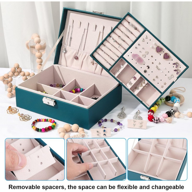 Coptiner Boîte à Bijoux pour Femme filles, Coffret à Bijoux en Cuir Verrouillable de 2 Couches, Organisateur à Bijoux Rangement