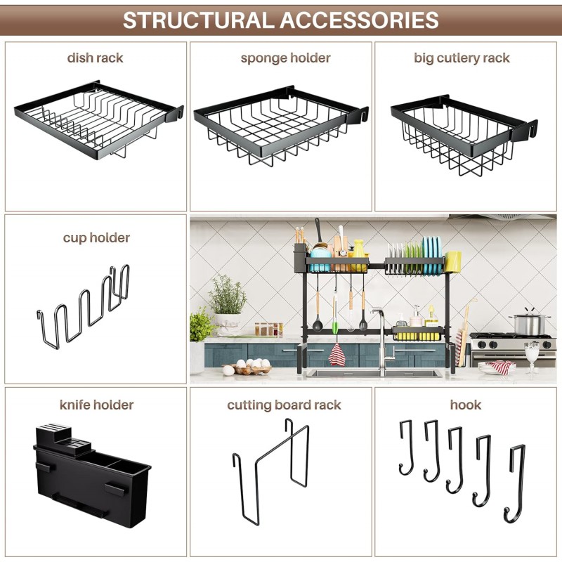 PurKeep Égouttoir à vaisselle au-dessus de l'évier avec 3 paniers, extensible à 2 niveaux (63 à 90,9 cm) avec crochet en métal,